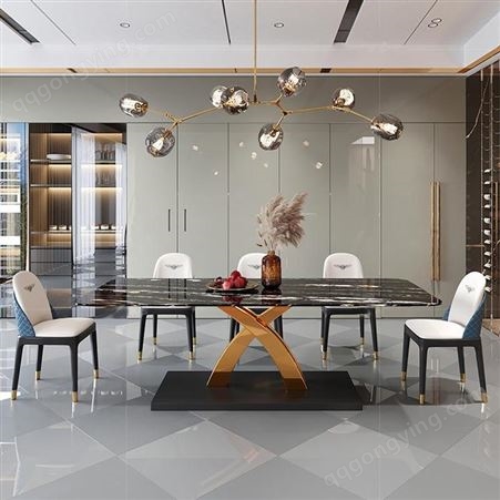 鼎富DF123现代岩板伸缩长方形长餐桌意式极简餐桌椅组合