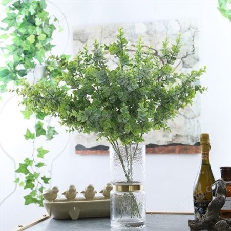 仿真花尤加利单支 塑料假花 家居装饰配材洒粉灰白 仿真植物