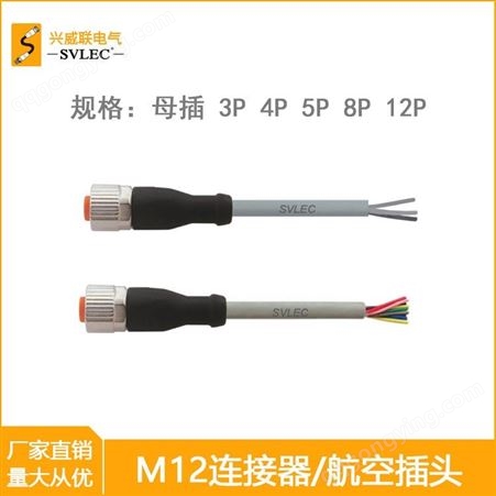 SVLEC防水M12连接器IP67母插带电缆 3 4 5 8 12芯航空插头