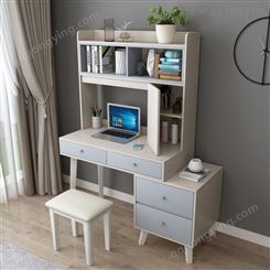 实木电脑桌卧室梳妆台书桌书架一体简约家用写字化妆桌带书柜组合